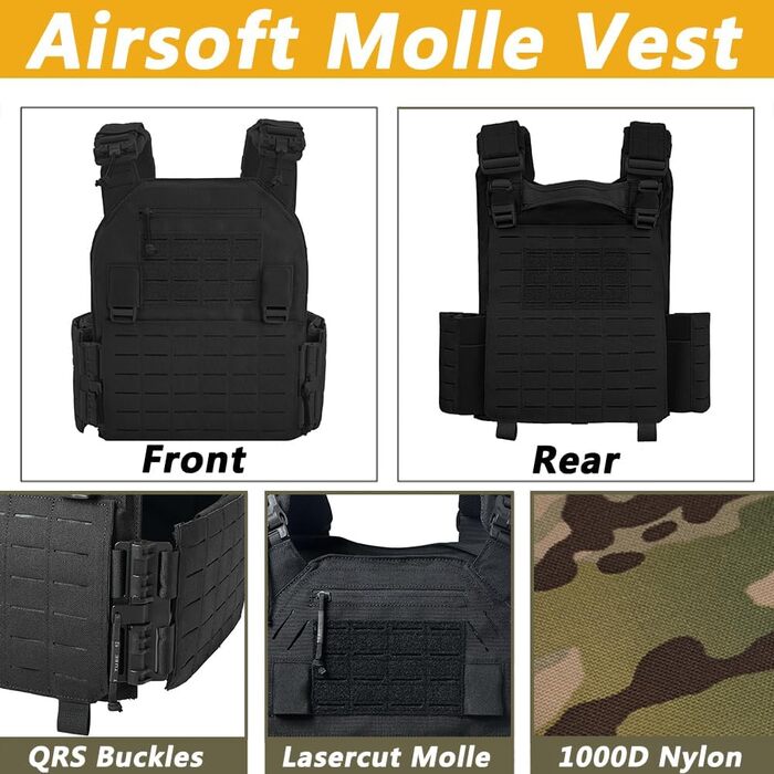 Оновлення військового JPC Lasercut Plate Carrier Airsoft Тактичний захисний жилет з 1000D нейлону QRS MOLLE Сумісний Plate Carrier Міцний жилет для чоловіків чорний