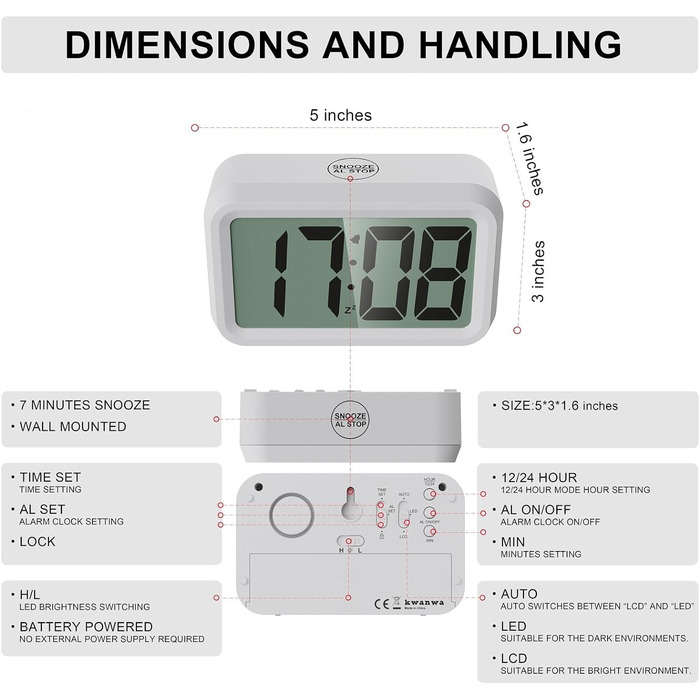 Цифровий будильник KWANWA з живленням від батареї, приліжковий годинник з РК-дисплеєм і світлодіодним дисплеєм, 12/24 години, функція відкладення, регульована яскравість, маленький годинник для спальні, офісу, столу (зелений дисплей) (білий - червоний сві