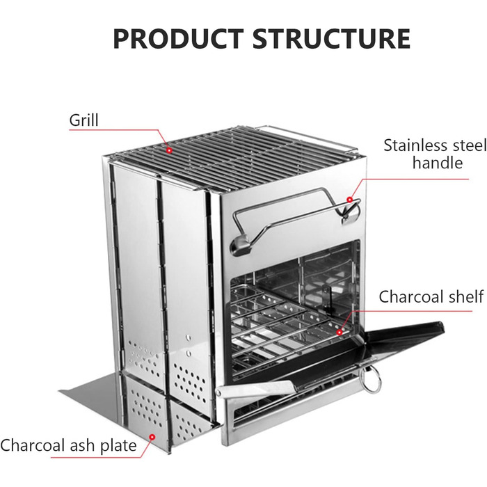 Дров'яна піч з нержавіючої сталі, складний міні-гриль на вугіллі з сумкою для перенесення, похідна плита, складна для походів, пікніка, барбекю, кухні