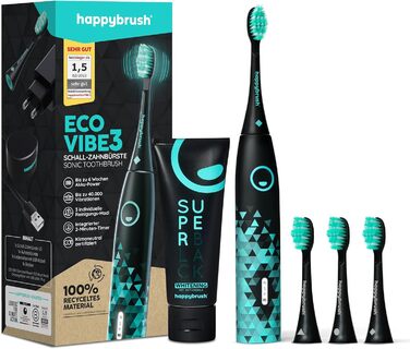 Електрична звукова зубна щітка happybrush Eco VIBE 3 - екологічна зубна щітка з батареєю на 6 тижнів, включаючи 3 щітки та зубну пасту - чорна/м'ята