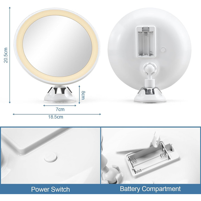 Косметичне дзеркало Aischens зі світлодіодним підсвічуванням та 10-кратним збільшенням, 3 кольори світла, регульована яскравість, поворот на 360 з присоскою, дзеркало для макіяжу, збільшувальне дзеркало зі світлодіодним підсвічуванням, дзеркало для макіяж