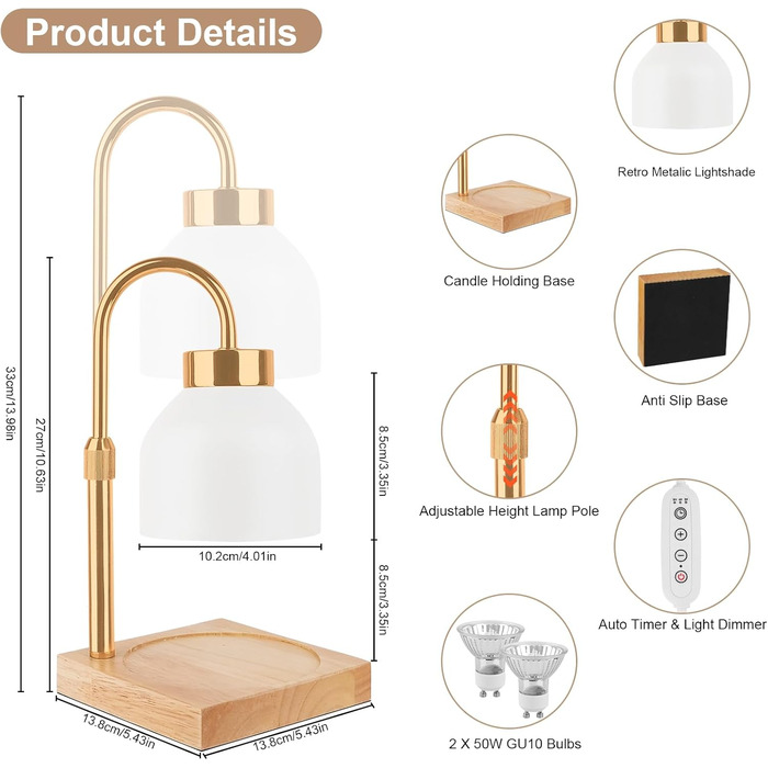 Лампа для підігріву свічок T-SUN, лампа для підігріву свічок, ароматична лампа для підігріву воску з таймером, регульована по висоті електрична лампа для підігріву свічок, регульована по висоті лампа для йоги, будинку, спальні, прикраси (біла)