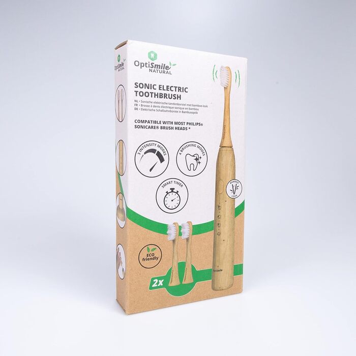 Електрична зубна щітка Optismile Bamboo Звукова зубна щітка Bamboo з акумуляторною потужністю Бамбукова ультразвукова зубна щітка з 5 модами та 2 бамбуковими головками, екологічно чиста та стійка