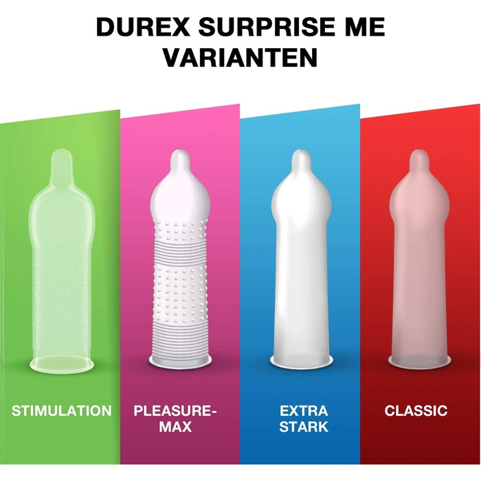 Презервативи Durex Surprise Me в стильній коробці - Екстра різноманітність, практичні та непомітно упаковані - для надійного захисту з приємним запахом - Оптова упаковка - 40 шт. (1 х 40 шт. ) (70 шт. (1 упаковка))