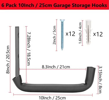 Гачок для гаража, 25,4 см, міцне зберігання в гаражі, вішака для інструментів, настінне кріплення, гачок для зберігання садових інструментів, драбин, велосипедів, громіздких предметів