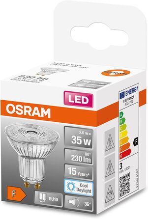 Світлодіодна рефлекторна лампа Osram Base PAR16 з цоколем GU10, 4,3 Вт, теплий білий, 10 шт. (1 упаковка) (35 Вт, 1 упаковка, 6500k денного світла)