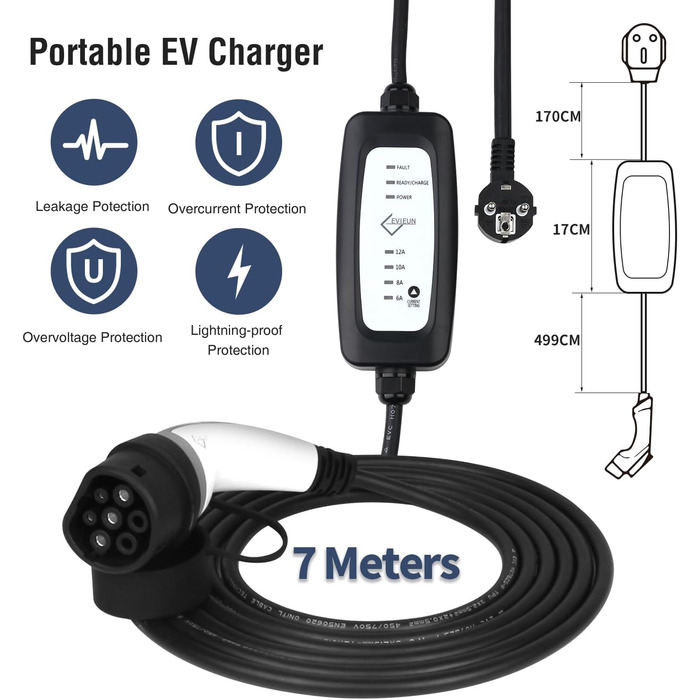 Кабель для зарядки електромобілів, портативний домашній швидкий зарядний пристрій EVSE, сумісний із усіма розетками для електромобілів IEC 62196-2, тип 2, 16 A/3,6 кВт Schuko, 2 контакти