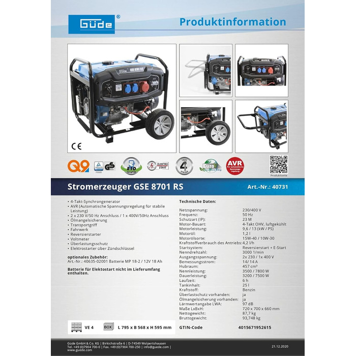 Бензиновий генератор електроенергії Gde GSE 8701 RS