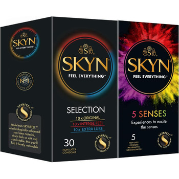 Презервативи SKYN Selection Variety Box Set (30 шт. ) і презервативи 5 Senses (5 шт. ) Різноманітний пакет з 10 оригінальними, 10 презервативами Intense Feel та 10 додатковим мастилом, Emotional Skynfeel