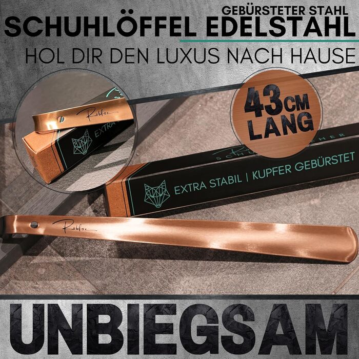 Надзвичайно міцний ріжок для взуття з матової сталі I Допомога для затягування довгого взуття i Зручна для спини ложка для взуття преміум якості (мідь), 43