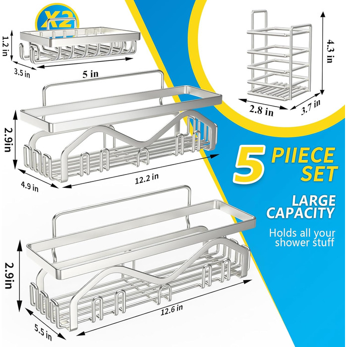 Клейкий душовий піддон, органайзер для душу 5 шт. , велика місткість, душові стійки, без свердління, ванна кімната, органайзер для душу, душова стійка з нержавіючої сталі, сріблястий