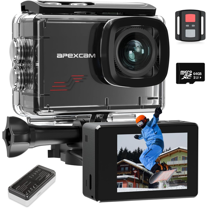 З картою 64G Action Cam 4K60FPS 48MP WLAN Спортивна камера Підводна камера 40 м Водонепроникна 170 Широкий кут 2.4G Пульт дистанційного керування 2x1350mAh Батареї з комплектом для кріплення, 80