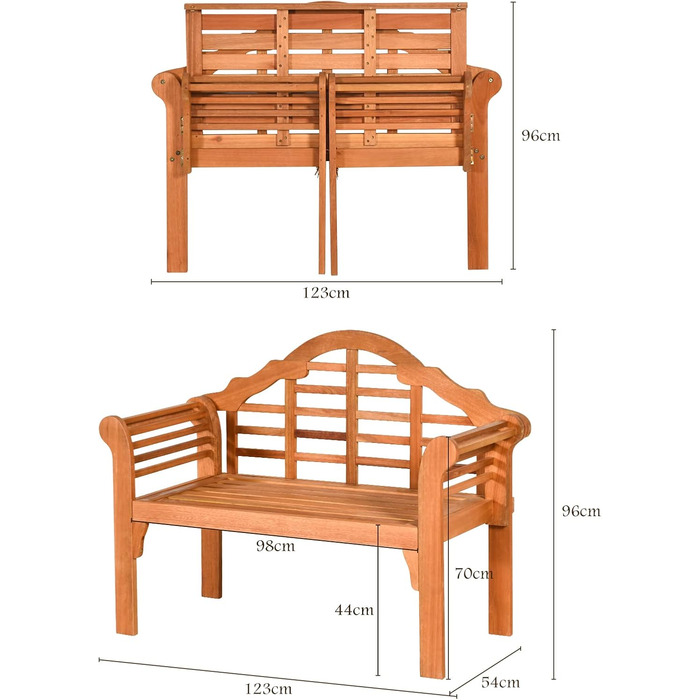 Садова лавка COSTWAY складна, стійка до погодних умов дерев'яна лавка з евкаліпта, 2-місна балконна лава, лавка вантажопідйомністю до 360 кг, паркова лавка для саду, балкона, тераси