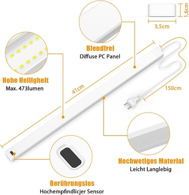 Світлодіодний світильник під шафою SIBI з можливістю затемнення, 41-сантиметрова нейтральна біла світлова стрічка з безконтактним датчиком, світлодіодна стрічка освітлення кухонного світла під стільницею для шафи, полиць, верстака, 473 лм, 4000K
