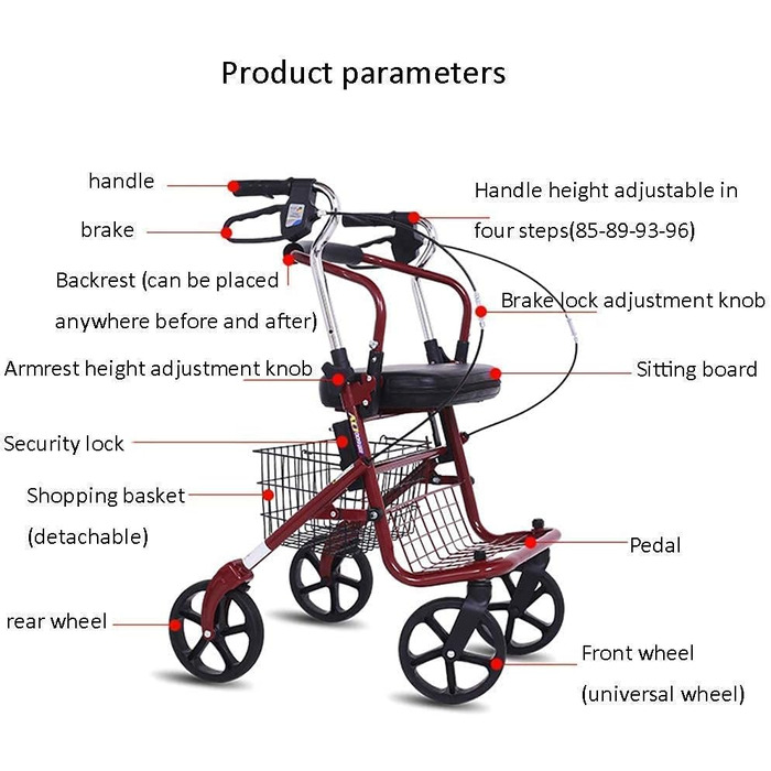 Допоміжний засіб для ходьби для людей похилого віку, складаний ролик з чотирма колесами, алюмінієвий легкий ролик з сидінням, стоянкове гальмо, сумка, регульований по висоті, розбірні ходунки, ходунки Walker Vol