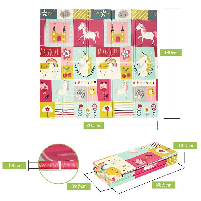 Дитячий ігровий килимок двосторонній, килимок для повзання складний, водовідштовхувальний нековзний ігровий килимок, нетоксичний XPE, протиковзкий дитячий килимок для критого саду на відкритому повітрі, 200 x 180 x 1,4 см (рожевий)
