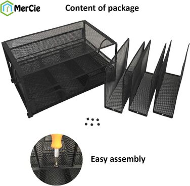 Настільний органайзер виготовлений з металевої сітки чорного кольору. МІЦНИЙ органайзер з нековзними стійкими до подряпин ніжками. ЕЛЕГАНТНИЙ дизайн. Висувний ящик для канцелярського приладдя. 1 горизонтальне відділення 5 підставок для doc letter
