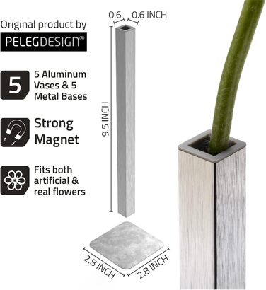 Стильні магнітні вази з алюмінію в сріблі набір з 5 шт. для креативних прикрас - компактні та елегантні ваза для квітів сучасна прикраса подарунок на День матері, день народження