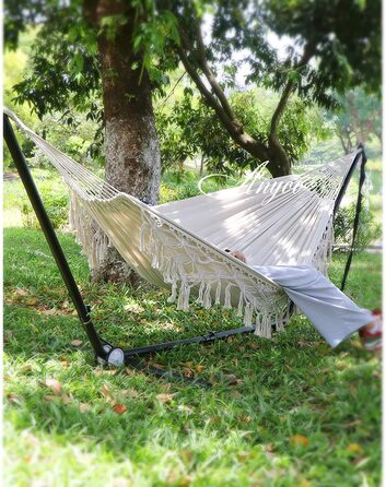 Гамак Anyoo Hammock Outdoor Tassels Гамак з ременями на дереві, зручний і дихаючий бавовняний гамак з сумкою для перенесення для патіо Балкон Двір Сад Білий