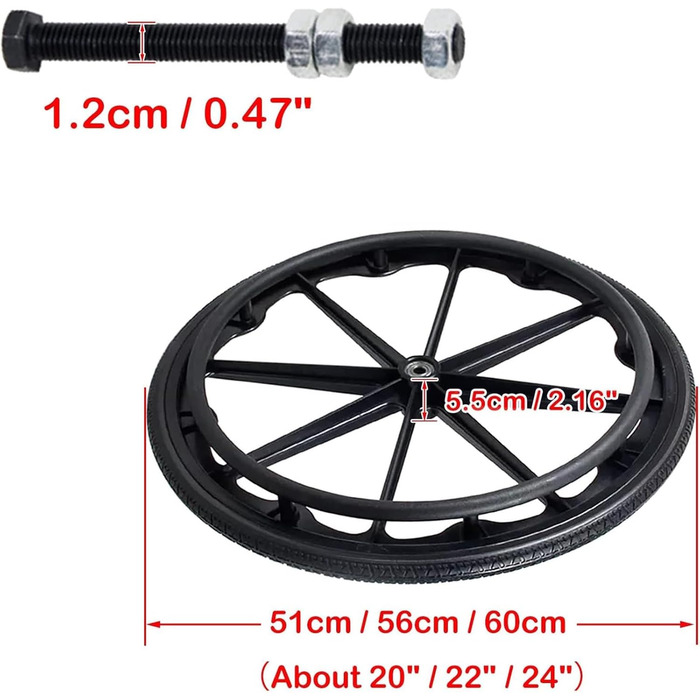 Заміна заднього колеса інвалідного візка, 20/22/24 дюймові суцільнополіуретанові шини, колеса для інвалідних візків з підшипниками та штовхаючими дисками, набір з 2 коліс для інвалідних візків, чорні, 24in(60cm)*13/8 24in(60cm)*13/8 Чорний