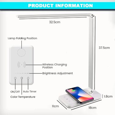 Настільна лампа BIENSER світлодіодна, бездротова зарядка 10 Вт і функція заряджання USB, настільна лампа офісної лампи з 10 рівнями яскравості x 5 кольорів, безпечний для очей світлодіод з регулюванням яскравості, чутливе керування, автоматичний таймер 30