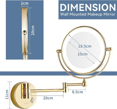 ПРИДАНЕ Косметичне дзеркало з підсвічуванням Настінне збільшувальне дзеркало з підсвічуванням 10-кратне золоте дзеркало для макіяжу Поворот на 360 Висувне двостороннє дзеркало зі збільшенням, Ø20 см золото 20L x 20B см