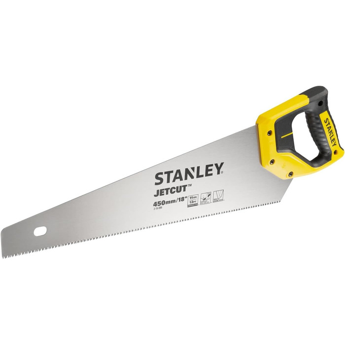 Тонка ручна пила Stanley JetCut 2-15-595 довжиною 450 мм пила для дерева, пластику, ламінату з рукояткою з двох матеріалів, покращеною зубчастістю та упором 45/90 для точного пиляння Точна ручна пила 450 мм