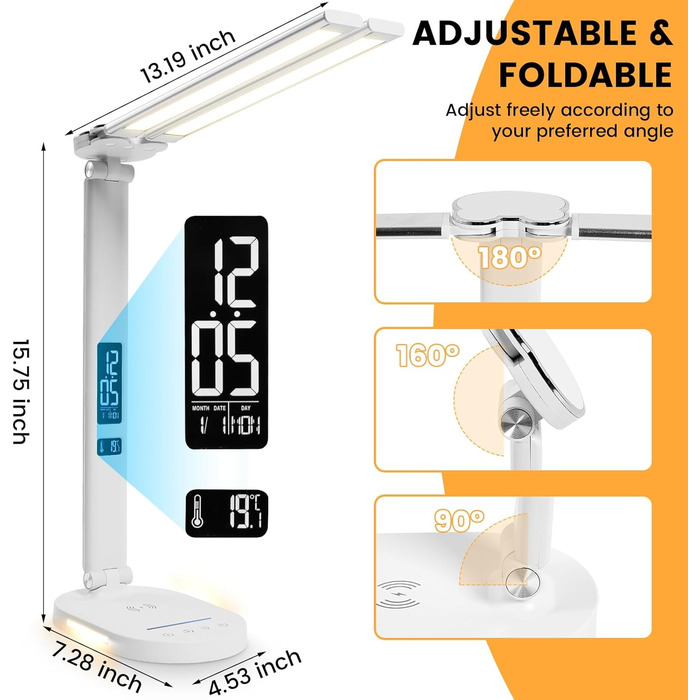 Настільна лампа з подвійною головою з годинником, світлодіодна сенсорна настільна лампа з можливістю затемнення з бездротовим зарядним пристроєм і функцією заряджання USB, регульована офісна лампа, приліжкова лампа для захисту очей, срібляста лампа для чи