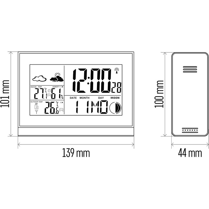 Бездротова метеостанція EMOS з зовнішнім датчиком, на батарейках, світлодіодний дисплей з годинником, температурою, термометром, гігрометром, будильником, календарем, датою