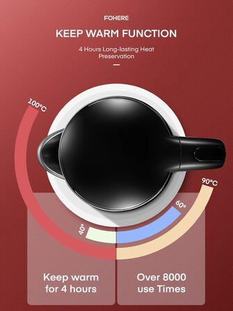 Чайник з налаштуванням температури 1,7 л, дисплей температури на РК-дисплеї від 40 C до 100 C, чайник FOHERE з подвійними стінками чорний, 240 хв підтримання тепла, тихий і швидкий нагрів 2200 Вт