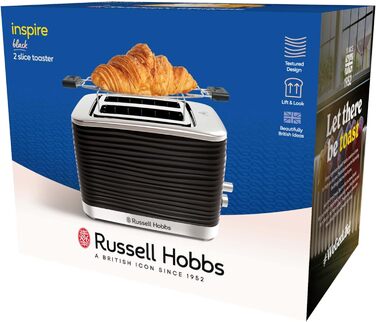 Тостер Russell Hobbs на 2 скибочки Inspire Black з високоякісною глянцевою структурою (надзвичайно широкі отвори для тостів, включаючи насадку для булочки, 6 рівнів підрум'янювання функція розморожування та підігріву) 24371-56