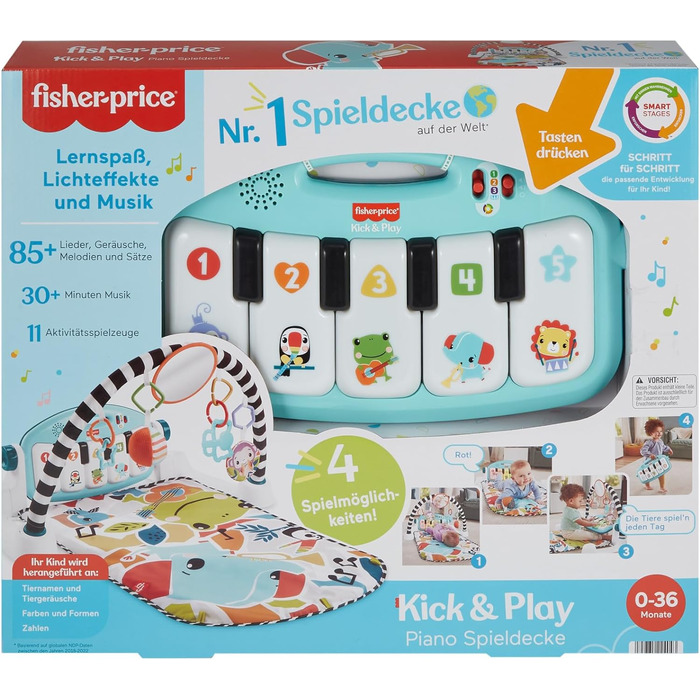 Ковдра для гри на фортепіано Fisher-Price Contrast Kick & Play для немовлят, весела ковдра для гри на фортепіано, портативна музична іграшка з навчальним вмістом Smart Stages, від 0 місяців, синій, німецька версія, HYH59