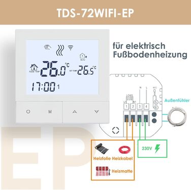 Цифровий для електричної теплої підлоги Кімнатний термостат Intelligent Heating Thermostat Compatible Alexa, Google Home, 16A TDS72WIFI-EP White