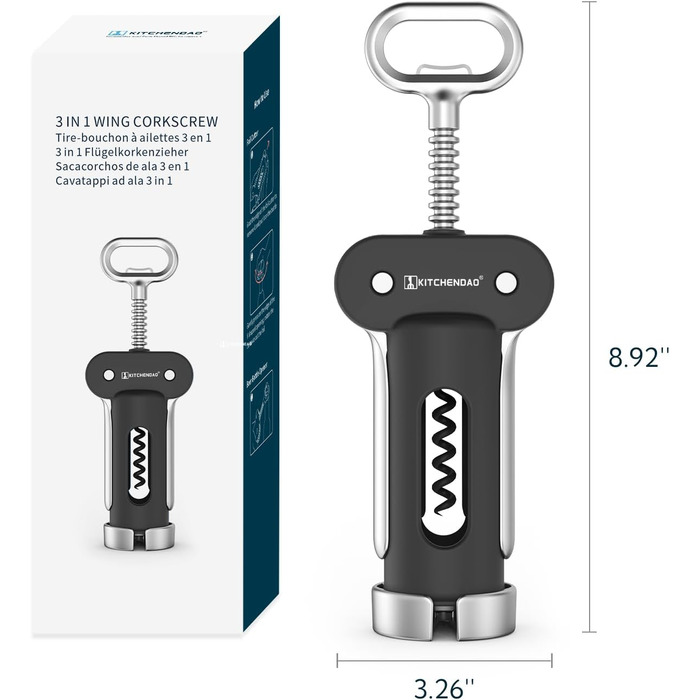 В опор для вина, відкривачка для вина зі знімним різаком для фольги, підйомник для кришок з багатофункціональною, ручною відкривачкою для пляшок для пробок і кришок, чорна, 3