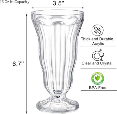 Склянки для молочних коктейлів Mezchi, акрилові, 425 мл, прозорі, старомодні стакани для содової, небиткі стаканчики для морозива, пластикові, фонтанчики для піна-колади, ідеально підходять для соку, тропічних напоїв, вечірки, 6 шт.