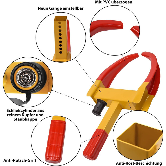 Універсальний іммобілайзер XMTECH Колесо Кіготь Кіготь Кіготь, Паркувальний кіготь Блокування колеса Протиугінний пристрій із замком безпеки та 2 ключами, регулюється для автомобіля, причепа, каравану, автофургону, червоного/жовтого
