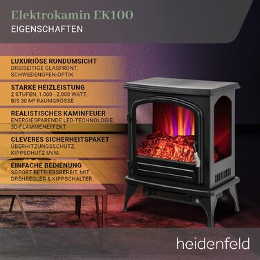 Електричний камін Heidenfeld EK100 Гарантія 3 роки - 2000 Вт - Енергозберігаючий світлодіод - 3-стороннє скло спереду - 2 рівня нагріву - 3D вогонь каміна з ефектом полум'я - Захист від нахилу - До 30 м - Електричний камін (чорний)