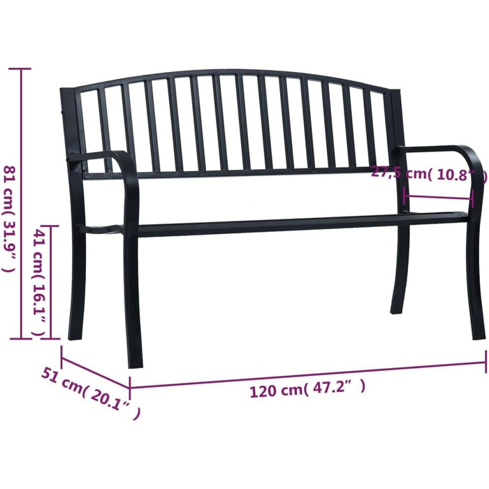 Садова лавка Паркова лавка Лавка балкон Лавка для патіо Лавка металева лавка Садові меблі Балконні меблі Садовий патіо Балкон Чорний 120см Сталь