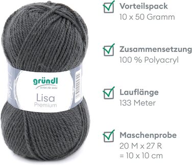 Пряжа Grndl Lisa Premium Uni Knitting & Chet Yarn (м'яка і вовняна характер, проста в догляді миється трикотажна пряжа з 100 поліакрилу, 50 г/ 133 м, розмір голки 3,5 - 4,5, 10 клубків по 50 г кожен), (антрацит)