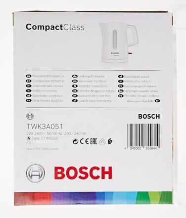 Акумуляторний чайник Bosch CompactClassTWK3A051, швидкий нагрів, індикатор рівня води з обох сторін, захист від перегріву, 1 л, 2400 Вт, білий Single