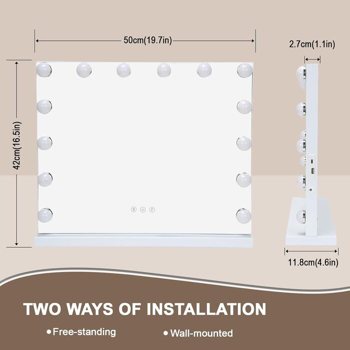 Дзеркало для макіяжу Buildonely з підсвічуванням, 14 світлодіодів з регулюванням яскравості та 3 режимами освітлення, голлівудське дзеркало з підсвічуванням, настільне дзеркало, настінне дзеркало, сенсорне управління, з 10-кратним збільшенням - 50x43 см, 