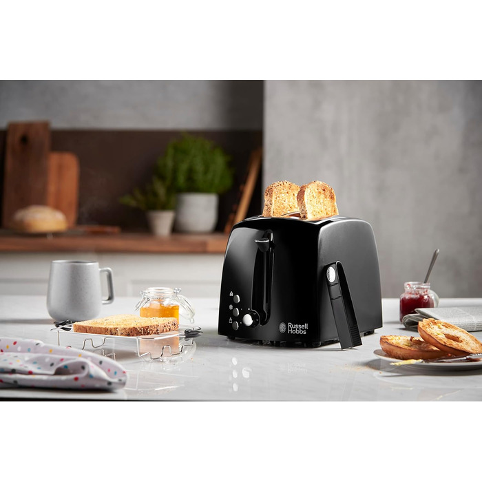 Тостер Russell Hobbs на 2 скибочки Текстури (надзвичайно широкі отвори для тостів, включаючи насадку для булочок і вбудовані щипці для тостів, 6 рівнів підрум'янювання функція розморожування та підігріву, 850 Вт) 22601-56