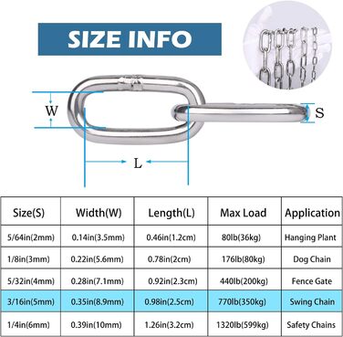 Подовжувач ланцюга Hannger з нержавіючої сталі - 5 м 3 мм Металеві підвісні котушки безпеки Міцний ланцюг до 80 кг Завантажуваний для тіньових вітрил Прикраса огорожі Намисто для собак Орнамент ліхтаря Повітряна йога (2 метри, Ø 5 мм)