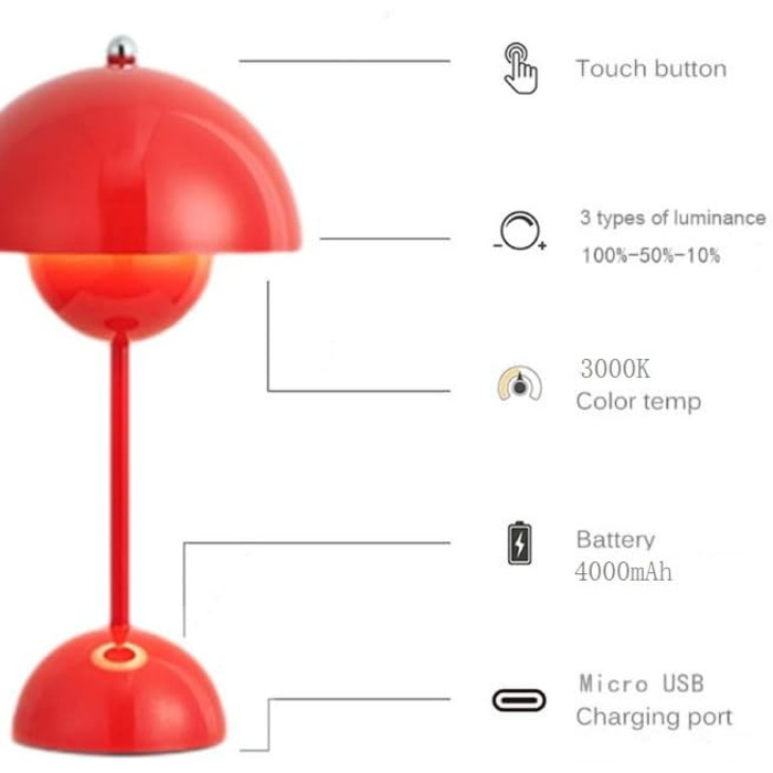 Світлодіодна настільна лампа Asslye Бездротова батарея, настільна лампа з сенсорним затемненням у вазоні, сучасна грибна лампа з 3 кольорами, акумуляторна лампа для квітника для спальні, вітальні, ресторанів, офісу (червоний)