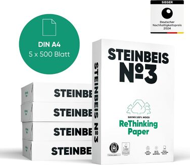 Папір для принтера Steinbeis No. 3 перероблений папір формату DIN A4 80 г/м, білий і без хлору, високоякісний копіювальний папір на 2500 (5 x 500) аркушів ISO 90 / CIE 110