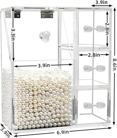Органайзер для макіяжу Dolovemk, органайзер для косметики, прозорий акриловий тримач для пензлів для макіяжу з 3 ящиками, пилонепроникна коробка для зберігання макіяжу з кришкою, з білою перлиною