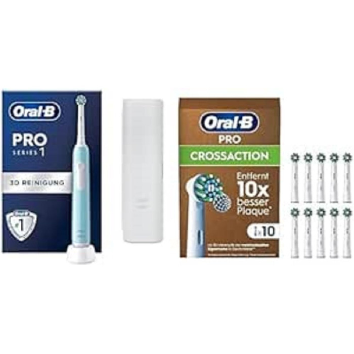 Електрична зубна щітка Oral-B Pro Series 1 10 щіток Pro CrossAction, 3 режими чищення, включаючи чутливий догляд за зубами, датчик тиску та таймер, дорожній кейс, дизайн від Braun, синій