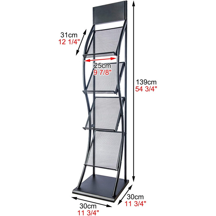 Вузький стелаж для журналів для офісу, стелаж для журналів висотою 139 см з 4 рівнями, знімний стелаж для книг і брошур для виставок в готелях