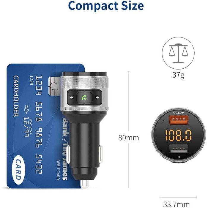 Передавач, автомобільне радіо QC 3.0 Автомобільний бездротовий адаптер Автомобільний комплект гучного зв'язку з подвійним зарядним пристроєм Підтримка USB-флеш-накопичувача 64 ГБ (сріблястий)