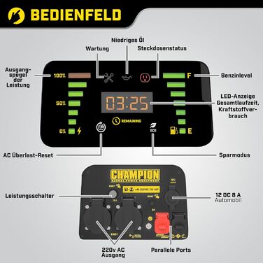 Генератор електрообладнання Champion Бензин Газ (2000 Вт, Електроінвертор, Генератор з LED дисплеєм, Двопаливний, Ультра тихий) 8200i-E-DF-EU, жовтий